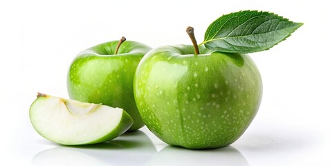 Green apple with leaf, slice, and seed on background, green, apple, fruit, leaf, cut, slice, seed, isolated, background, fresh