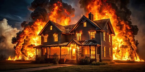 House fire raging at night with flames illuminating the darkness , house fire, night, flames, destruction, danger, emergency