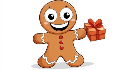 Fototapeta premium Cheerful Gingerbread Man Holding Gift Box Celebrating Christmas Holiday Season