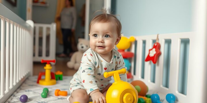 Beautiful little baby girl standing inside playpen playing with colorful toys adorably cute nursery home safety alone mom waiting, baby, toddler