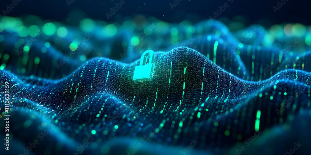 Poster abstract digital landscape featuring a padlock symbolizing cybersecurity and data protection.