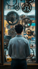 Fototapeta premium Man Observing Gear Mechanism Illustration