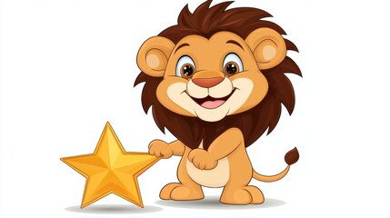 Fototapeta premium Cute Cartoon Lion Cub Holding a Shiny Star in Its Paws