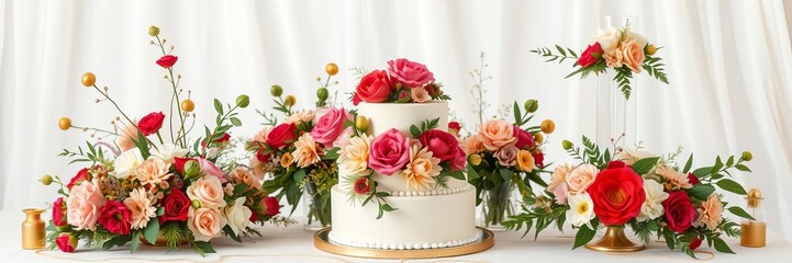 Fototapeta premium Beautiful three tier wedding cake with golden accents and seasonal floral arrangements, elegant, celebration