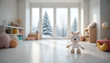 An empty wooden floor against a fuzzy background of a white kindergarten or child's room. An empty wooden table. Wood desck. Blurred background. Blue children's room with large window. Bg winter