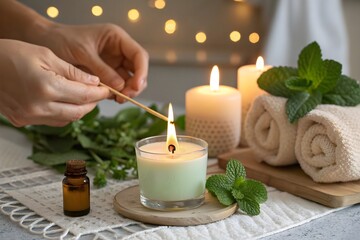 hand light scented candle in spa setup with match