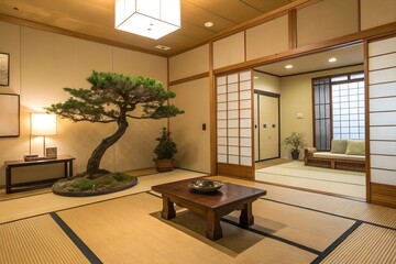Fototapeta premium Japanese room with bonsai tree. Tradition house decoration