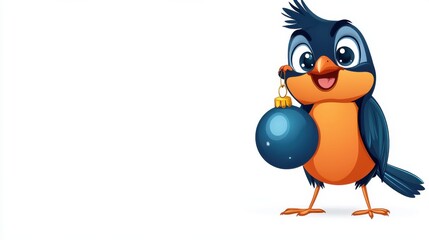 Fototapeta premium Blue and Orange Cartoon Bird Holding Decorative Christmas Ball Ornament