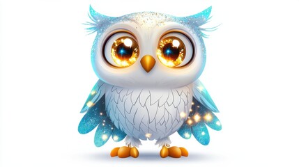 Obraz premium Adorable Cartoon Owl with Large Expressive Eyes and Fluffy Blue Feathers on White Background