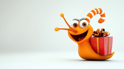 Cute Cartoon Monster Character Holding Wrapped Gift Box with Festive Ribbon