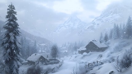 Fototapeta premium Snowy mountain landscape with quaint houses and falling snow.