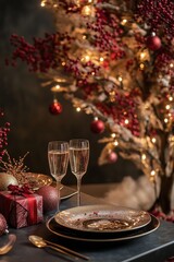 Naklejka premium A beautifully set Christmas table with champagne glasses, surrounded by decorations and lights. A gift box sits on the left side of one plate, creating an atmosphere of celebration and joy. 