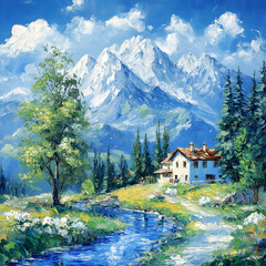 Mountain Stream House Painting