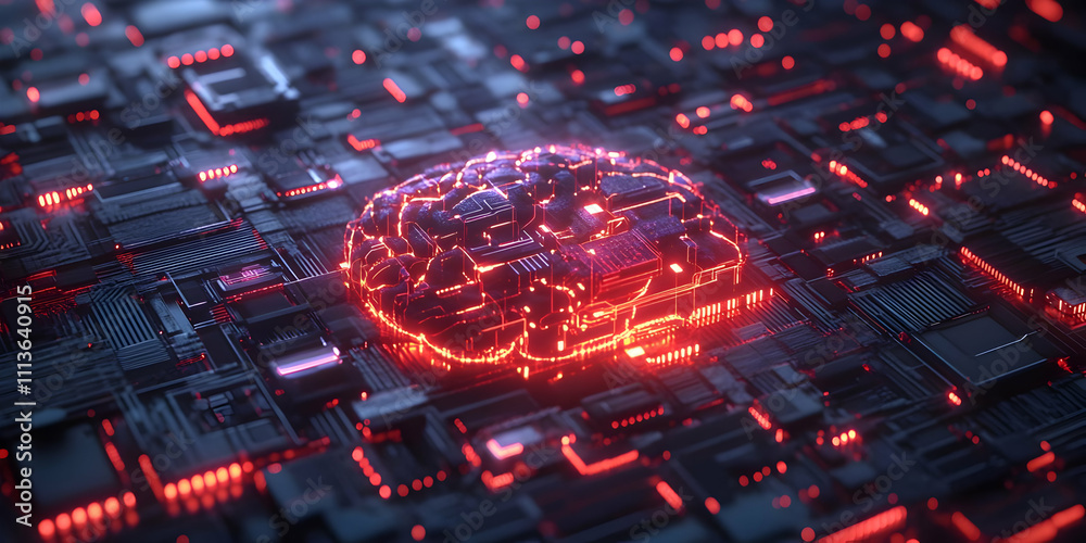 Poster a digital brain illuminated in red and purple, set against a circuit-like background.