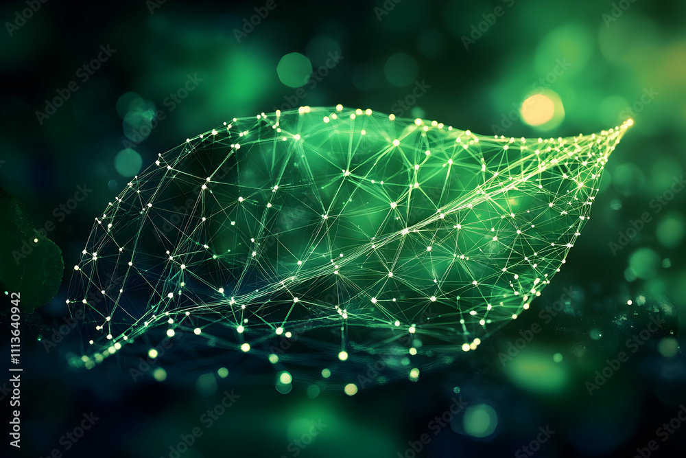 Poster A digital representation of a leaf composed of glowing nodes and lines, symbolizing nature and technology.
