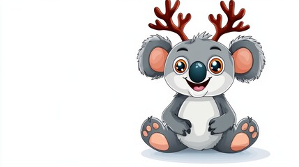 Obraz premium Cute Cartoon Koala Wearing Reindeer Antlers Sitting on Tree Branch