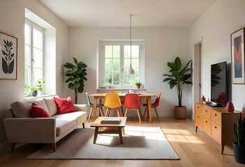 Fototapeta premium Bright modern living room with cozy furniture vibrant decor and lush indoor plants perfect for relaxation