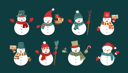 Set of snowmen isolated on dark background. Christmas and winter concept.