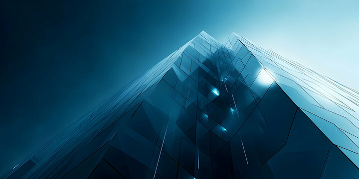 A futuristic, angular glass building reaching towards a bright blue sky.