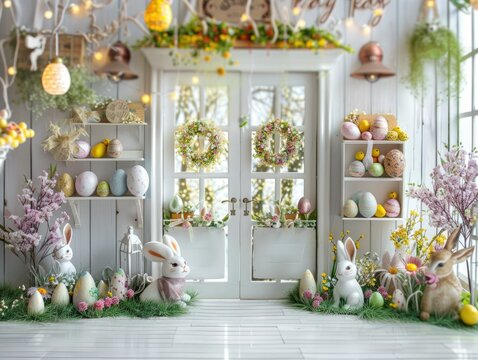 Small easter shop, white door and windows decorated with colorful easter eggs, cute tiny bunnies with carrots, sidelocks and flowers