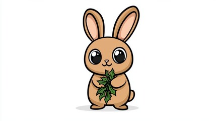 Fototapeta premium Cute Cartoon Rabbit Holding Green Leaf in Minimalist Nature Setting