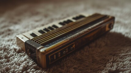 A harmonica resting on a soft beige surface