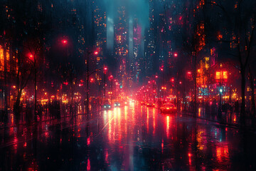 Fototapeta premium Rainy Night Cityscape Red Lights Reflecting On Wet Street