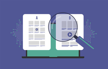 AI-Powered AB Testing for Marketing Campaigns. Automatically test multiple versions of ads or landing pages with AI to find most effective. A B test metrics being analyzed by AI, vector Illustration