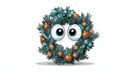 Fototapeta premium Cute Cartoonish Christmas Wreath with Evergreen Leaves and Berries
