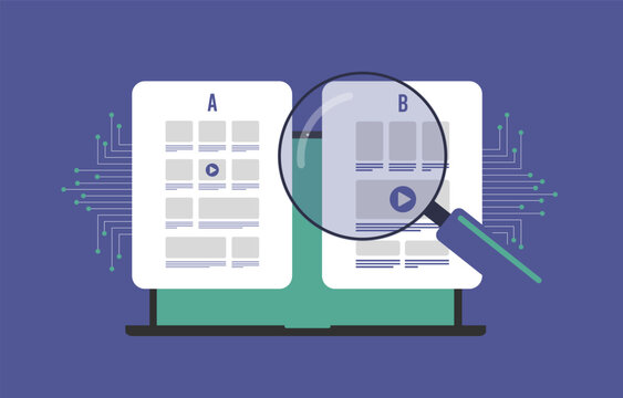 AI-Powered AB Testing for Marketing Campaigns. Automatically test multiple versions of ads or landing pages with AI to find most effective. A B test metrics being analyzed by AI, vector Illustration