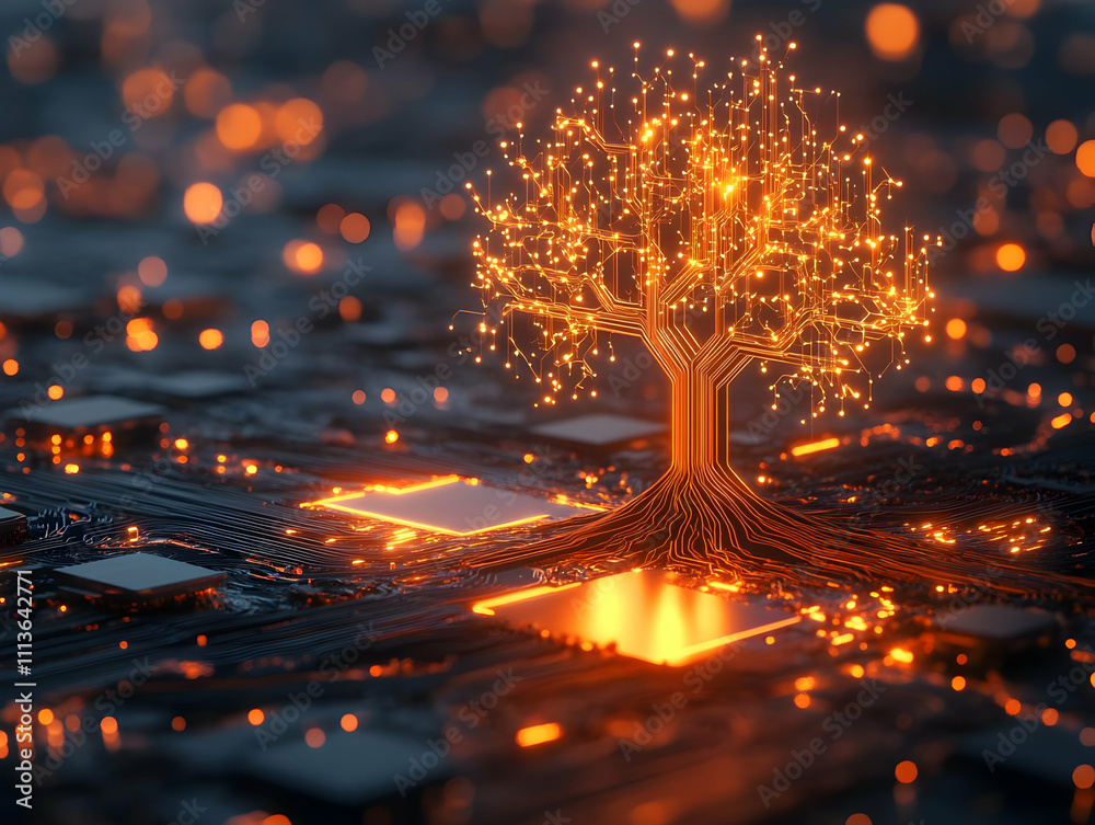 Poster A glowing tree emerging from a circuit board, symbolizing the fusion of nature and technology.