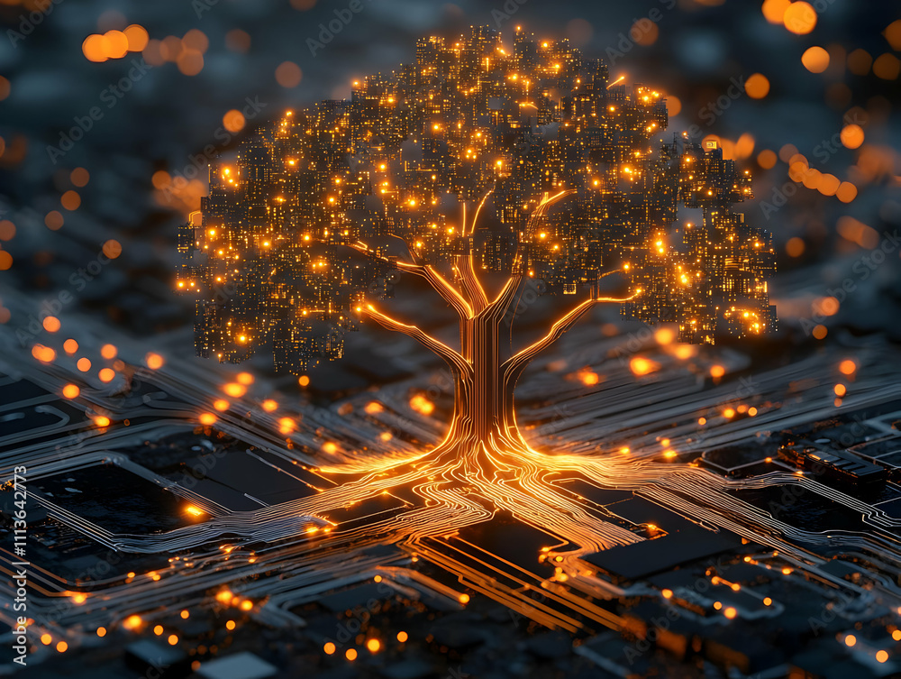 Poster A glowing tree made of circuitry, symbolizing the fusion of nature and technology.