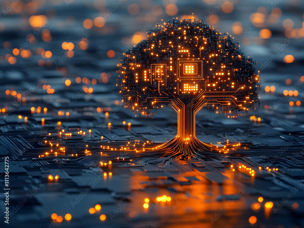 Poster A glowing tree made of circuit patterns, symbolizing the fusion of nature and technology.