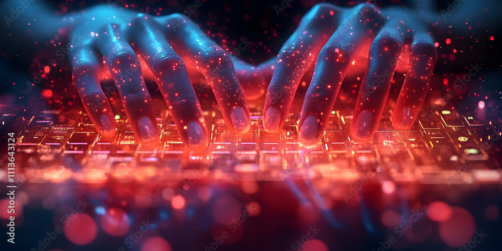 Poster Hands typing on a glowing keyboard, creating a digital atmosphere with vibrant colors.