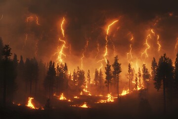 Dramatic wildfire with flames and lightning in a forested landscape.