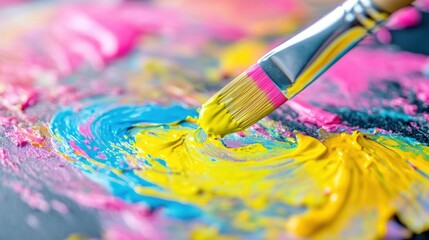 Fototapeta premium A joyful child plays with vibrant paints and brushes, creating colorful patterns in a cheerful and artistic setting filled with imagination