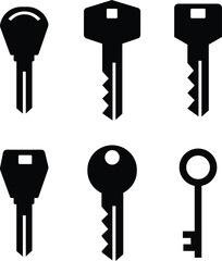 key icon set silhouettes. Medieval and modern keys, black flat vector collection isolated on transparent background vintage shapes. Open door symbol privacy and escape. Abstract tidy element.