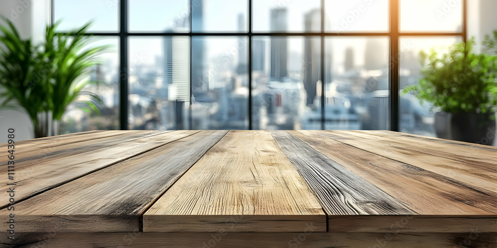 Poster A wooden table in front of a large window overlooking a city skyline at sunset.