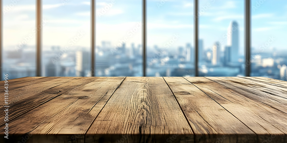 Aufkleber a wooden table in front of large windows with a city view.