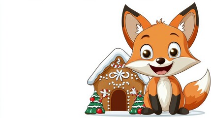 Fototapeta premium Cute Cartoon Fox in Festive Winter Landscape with Christmas Decor