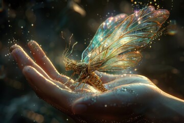 mystical fairy hovering above a hand, with soft, ethereal light and shimmering wings