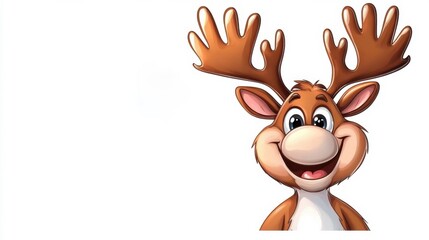 Cheerful Cartoon Reindeer with Smiling Expression and Antlers on White Background