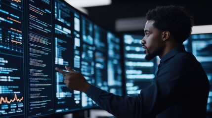 Fototapeta premium A focused individual interacts with multiple screens displaying data and analytics in a modern tech environment.