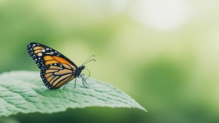 Fototapeta premium Close up view of a vibrant monarch butterfly perched on a verdant leaf