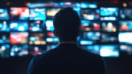 A person observes numerous screens displaying various visuals, suggesting a theme of media consumption and information overload.