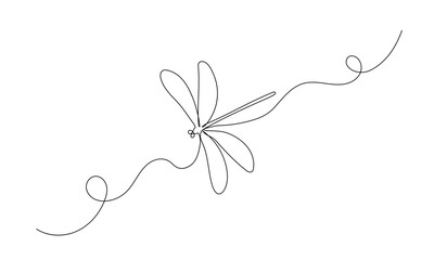 Dragonfly one continuous line illustration. Hand drawn doodle sketch of insect on white background