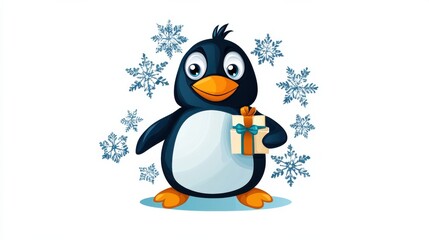 Naklejka premium Cute Cartoon Penguin Holding Christmas Gift with Falling Snowflakes