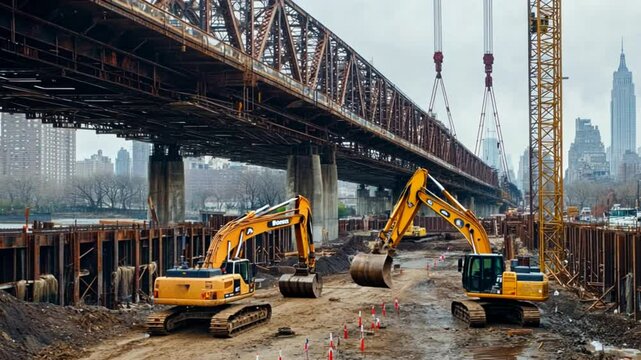A large bridge in its early construction phase, where excavators and bulldozers prepare the ground for the bridge supports. The future span of the bridge is marked out with flags and lines.