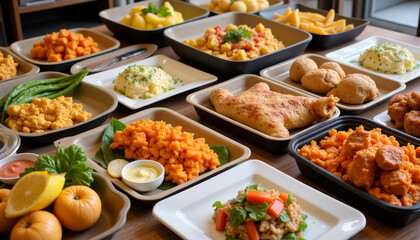 Obraz premium Vibrant spread of traditional dishes showcasing cultural culinary artistry at a bustling local restaurant