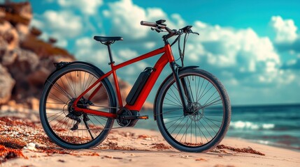 Fototapeta premium Red Electric Bike on the Beach